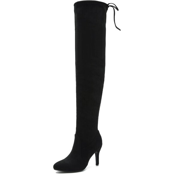 Women Black Suede Pointed Toe Over The Knee Thigh High Stiletto Heel Boot - Picture 1 of 9